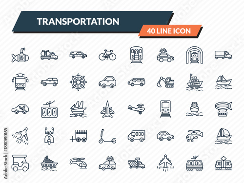 transportation icons set - small submarine, tanker, hearse, light rail, tramway outline vector collection.