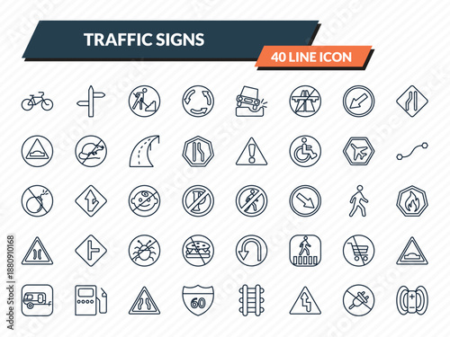 traffic signs icons set - bicycle, road, road work, no plug, magnetic field outline vector collection.
