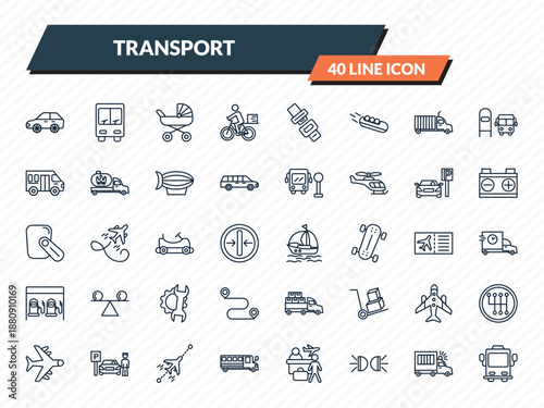 transport icons set - auto, public transportation, babysitter, prison bus, bus front with driver outline vector collection.