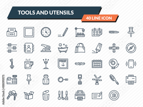 tools and utensils icons set - tray for papers, basic square, circular clock, writing tool, bold outline vector collection.