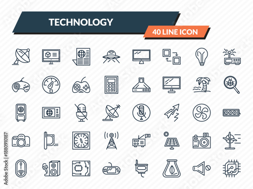 technology icons set - dish, 3d printing software, worlwide news, no audio, computer microprocessor outline vector collection.