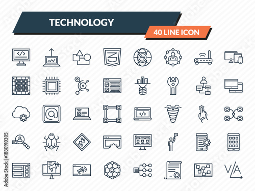 technology icons set - self-closing tag, growth hacking, elements, mood board, kerning outline vector collection.