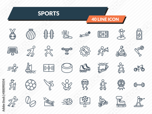 sports icons set - weight lifting medal, exercise ball, shin guards, ski boots, biathlon outline vector collection.