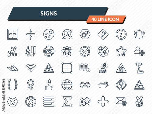signs icons set - add, align, femenine, mail, class reward outline vector collection.