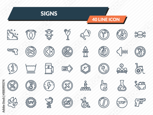 signs icons set - landslide, barefoot, traffic light, stop, guns outline vector collection.