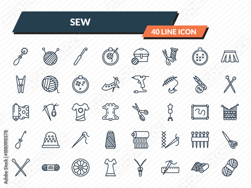 sew icons set - tracing wheel, ball of wool, crochet hook, material, wool ball outline vector collection.