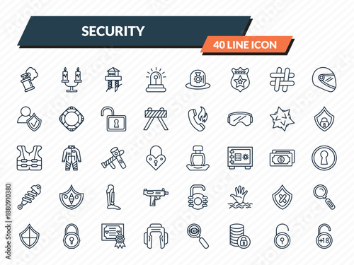 security icons set - smoke grenade, candles light, watch tower, padlock close, underage outline vector collection.