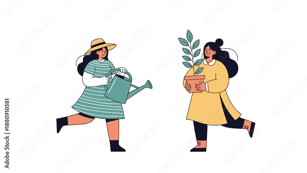 Naklejka premium Two women gardening together with one carrying a watering can and the other holding a potted plant in a flat illustration.