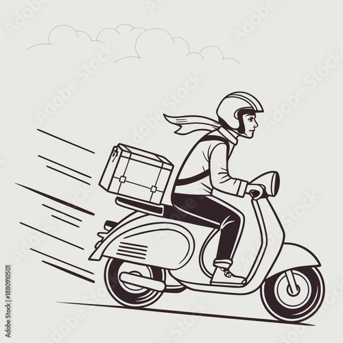 Delivery rider on scooter with package speeding under clouds