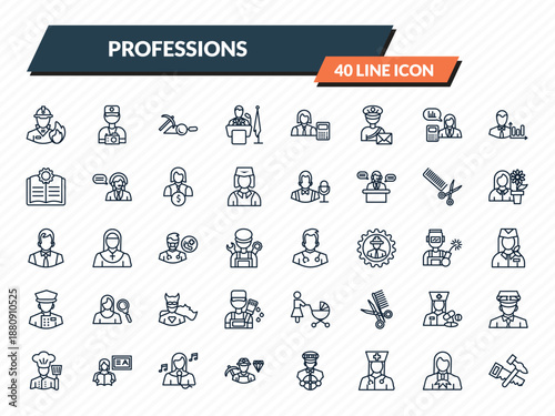 professions icons set - firefighter, photographer, archeologist, lawyer, carpenter outline vector collection.