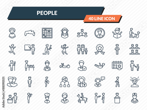 people icons set - pierrot, man hair, family board games, speaker in a conference, king momo outline vector collection.
