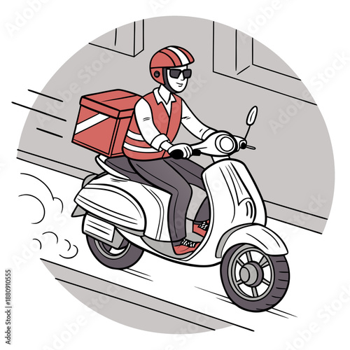 Delivery Rider on Scooter with Box red helmet white scooter