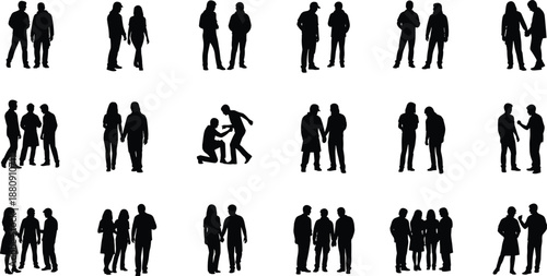 Silhouettes of people in various social interactions and group formations black and white