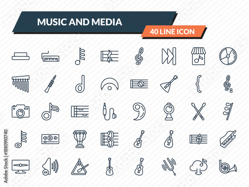 music and media icons set - half rest, melodica, thirty second note, downloaded music cloud, french horn outline vector collection.
