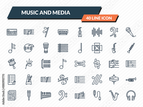 music and media icons set - music keyboard, quaver, semiquaver, jazz, music player headphones outline vector collection.