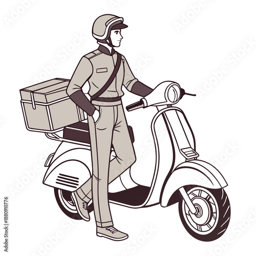 Courier standing with delivery scooter and box helmet