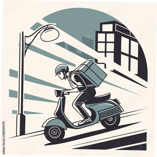 Delivery rider on scooter with package speeding past streetlight
