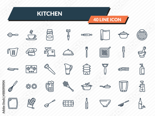kitchen icons set - sugar sifter, tea cup, jar, strainer, olive oil outline vector collection.