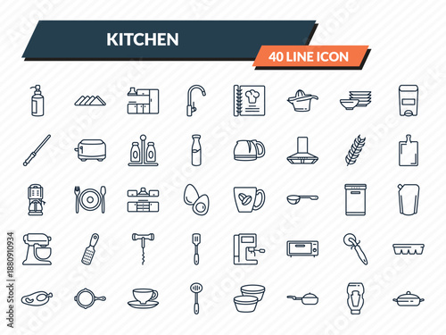 kitchen icons set - soap dispenser, napkin, kitchen cabinet, sauces, cooking pot outline vector collection.