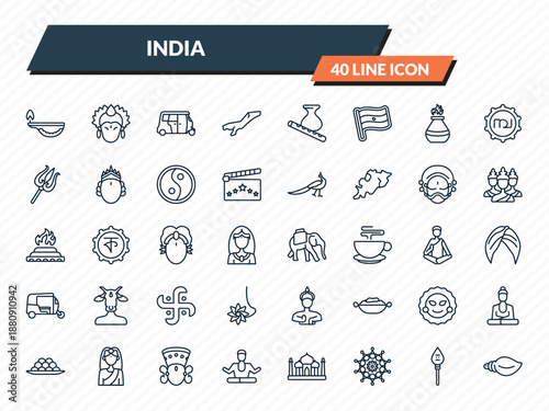india icons set - oil lamp, krishna, rickshaw, kartikeya, biju janata dal outline vector collection.
