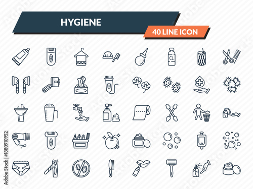 hygiene icons set - tooth paste, epilator, face towel, antiseptic, body cream outline vector collection.