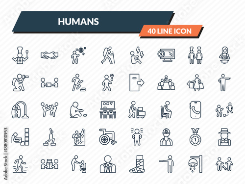 humans icons set - kitchen chef, helping, man dancing, showering, people trading outline vector collection.