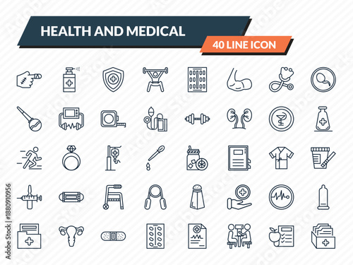 health and medical icons set - injury, desinfectant, medical shield, nutrition, medical file outline vector collection.