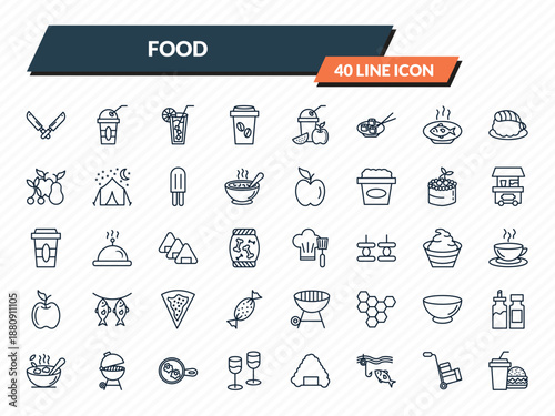 food icons set - knifes, plastic drinking cup, cold drink, mover, hamburguer & drink outline vector collection.