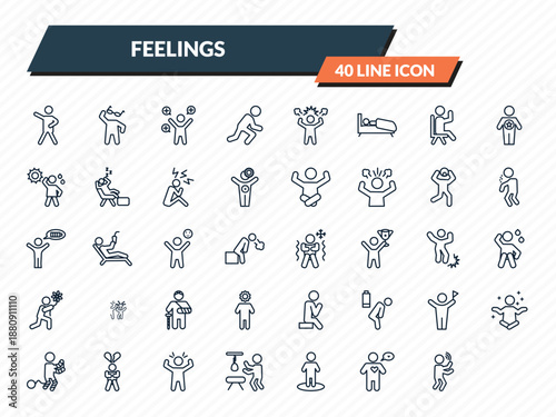 feelings icons set - grateful human, cool human, positive human, alive blah outline vector collection.
