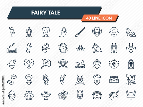 fairy tale icons set - enchanted mirror, giant, talking tree, unicorn, viking outline vector collection.
