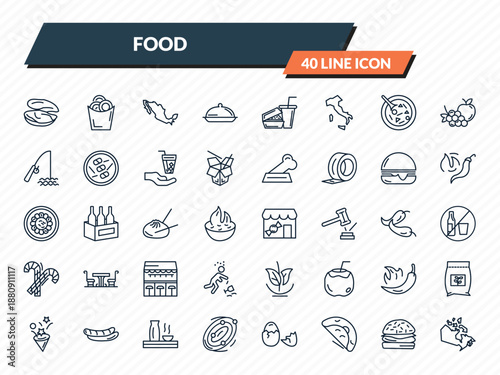 food icons set - mussel, onion rings, mexican, burguer, canadian outline vector collection.