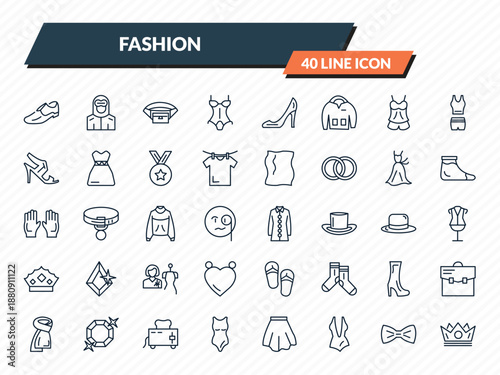 fashion icons set - men shoe, hazmat, belt pouch, tux, royal outline vector collection.
