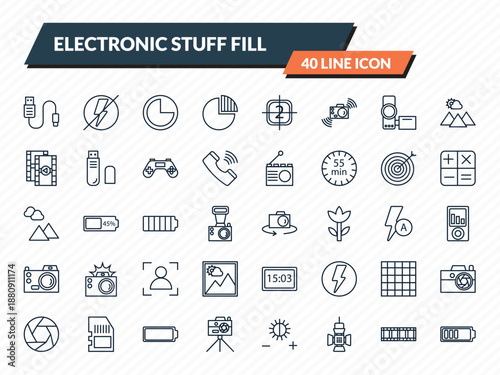 electronic stuff fill icons set - usb cable, flash off, three quarters, film strip, half battery outline vector collection.