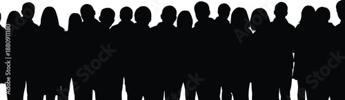 Silhouettes of people standing in a row against a white background crowd