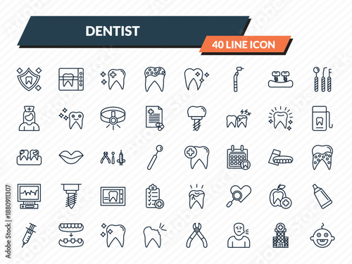 dentist icons set - dental protection, radiograph, healthy tooth, clinic, baby dental outline vector collection.