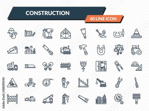 construction icons set - grinder, house plan, electric drill, wrench and gear, sand brush outline vector collection.