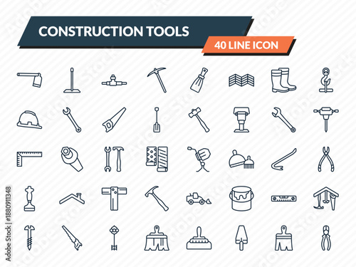 construction tools icons set - gardening digger, cleaning mop, plumbing pipes, paint brush, repair pliers outline vector collection.