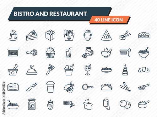 bistro and restaurant icons set - breakfast cup, cake piece with cream, cake box, pita bread, decorated cake outline vector collection.