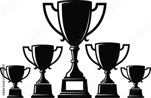 Black trophy cups silhouette set, championship award icons, winner podium symbols, success achievement concept, sports competition prize vector illustration, isolated minimal design