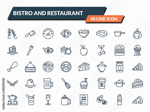 bistro and restaurant icons set - two brochettes, butcher knife, measurement jar, milk brick, pepperoni pizza outline vector collection.