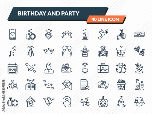 Photos birthday and party icons set - love smartphone, wedding, love potion, wedding champagne, relationship outline vector collection
