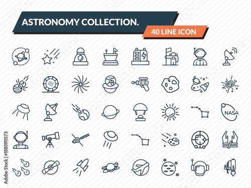 astronomy collection. icons set - planets, falling star, space capsule, astranaut helmet, jet pack outline vector collection.