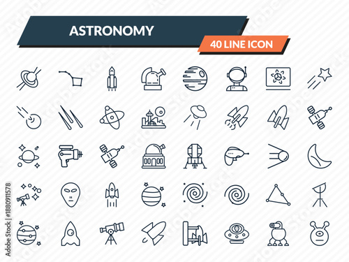 astronomy icons set - quasar, ursa major, space shuttle, space robot, alien outline vector collection.