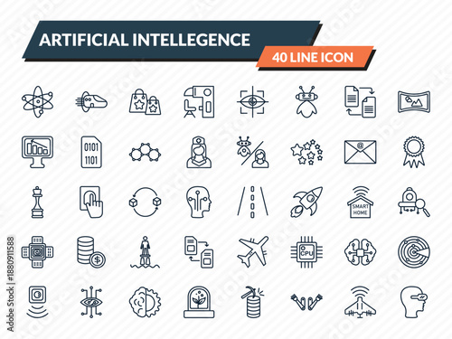 artificial intellegence icons set - science, hyperloop, shopping bag, unmanned aerial vehicle, oculus rift outline vector collection.