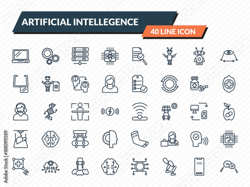 artificial intellegence icons set - laptop, hine, servers, smartphone, speech bubble outline vector collection.