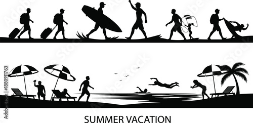 Silhouette of people enjoying summer vacation activities on the beach family