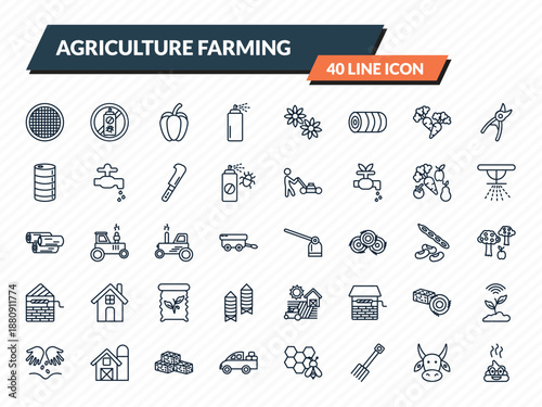 agriculture farming icons set - riddle tool, pesticide, capsicum, ox, poo outline vector collection.