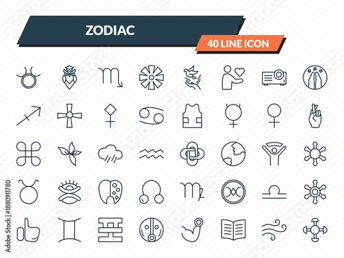 zodiac icons set - zinc, wisdom, scorpio, air, understanding outline vector collection.