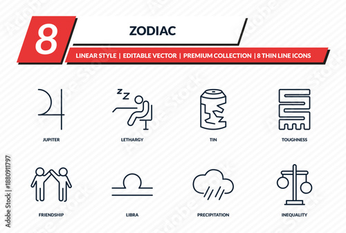 zodiac icons set - jupiter, lethargy, tin, toughness, inequality outline vector collection.