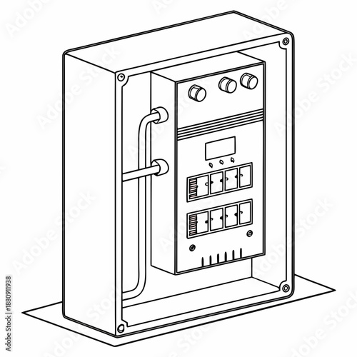 Line drawing illustration of an electrical control panel enclosure with internal components